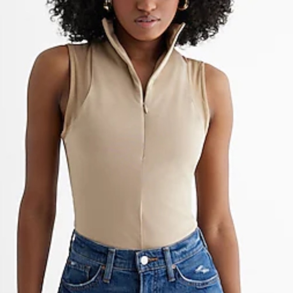 NWT Express Body Contour Stretch Cotton Mesh Quarter Zip Bodysuit Beige
